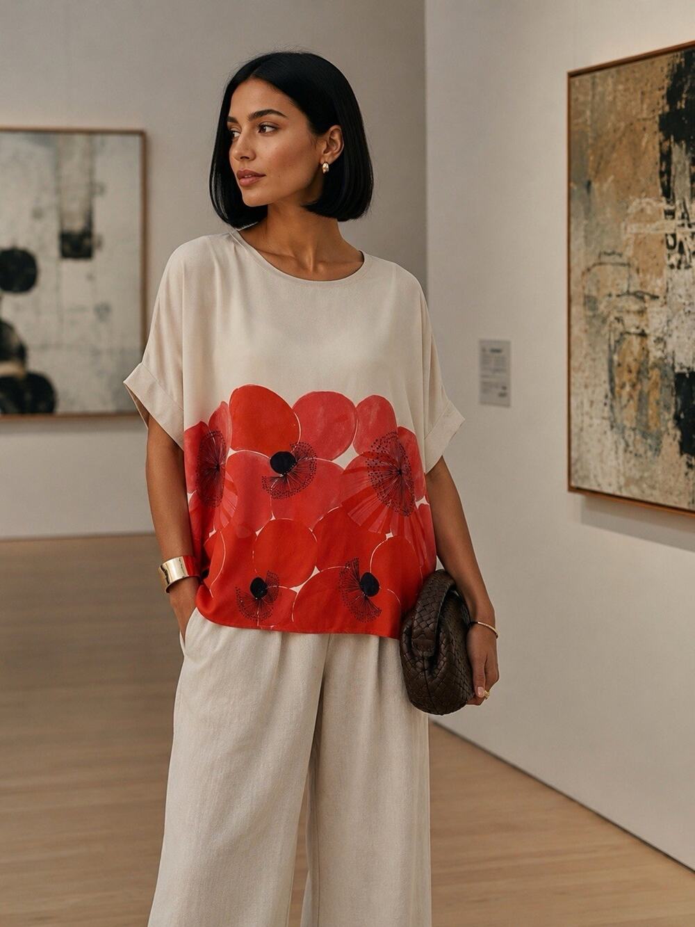 Akris Poppies Print Mulberry Silk Knit Oversized Designer Top Quiet Luxury Sz 8